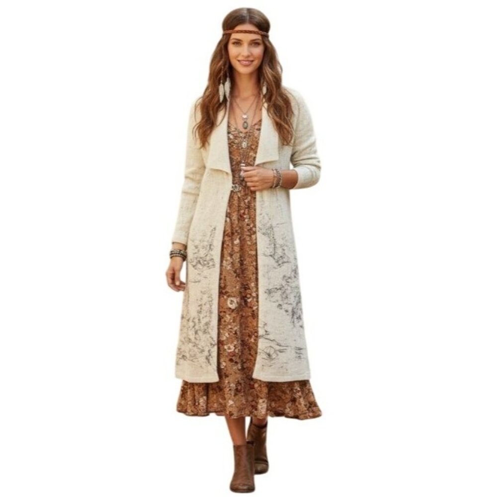 Coldwater Creek Wool Long Cardigan Beige & Gray Alpine Scenic Artsey - Picture 1 of 15